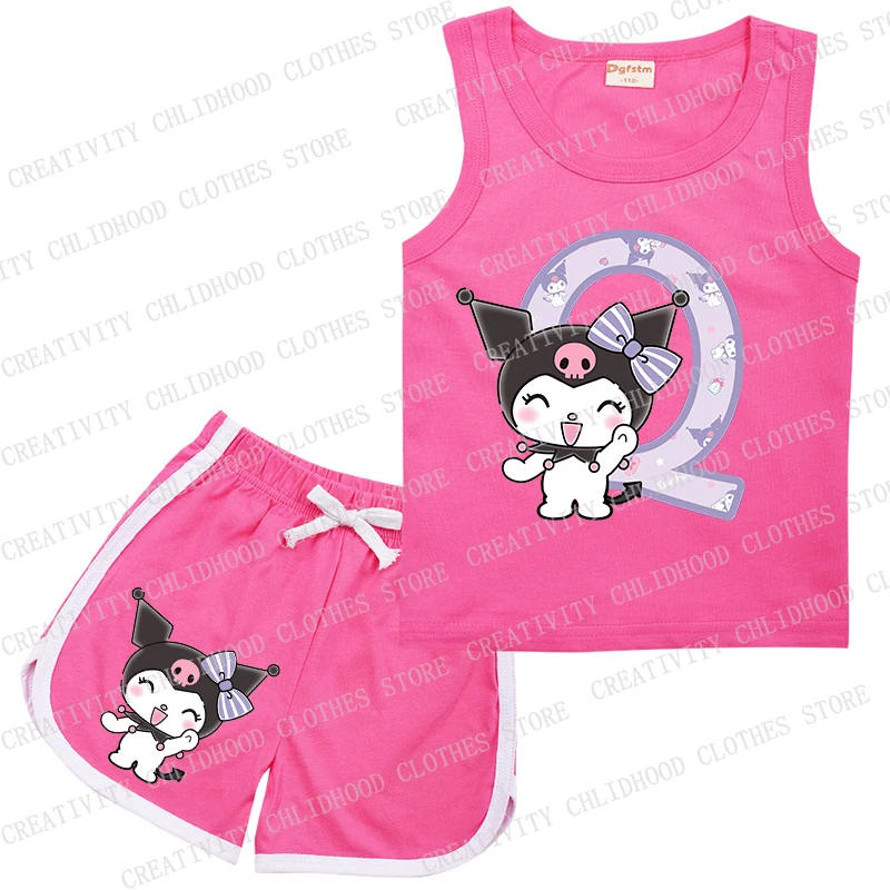 Fato desportivo sem mangas Kuromis infantil, A, B, C, D, 26 letras inglesas, colete, calções, desenhos animados, moda casual, meninas, conjuntos de meninos, novo