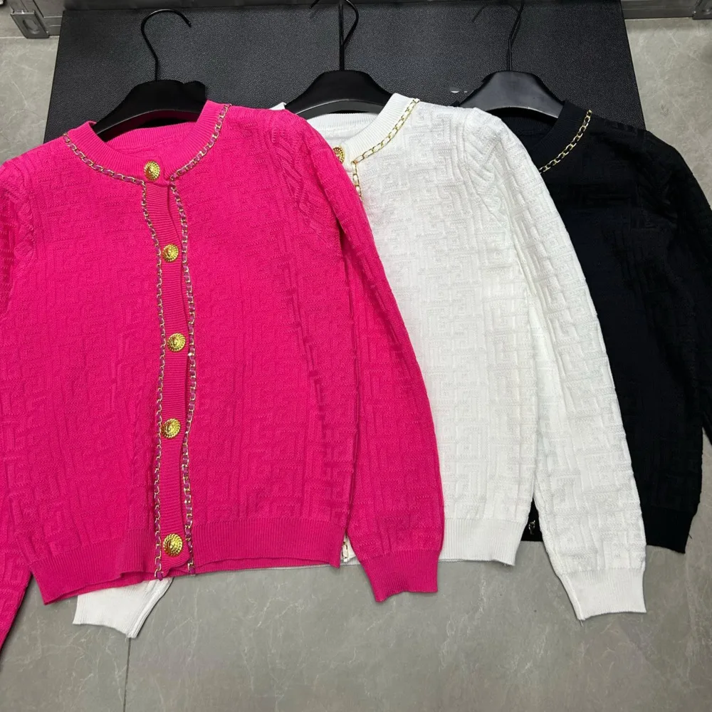

Women's Stylish Jacquard Knitwear Cardigan Sweater O-neck Long Sleeve Gold Chain Detail 2025 Autumn Winter Vintage Elegant Tops