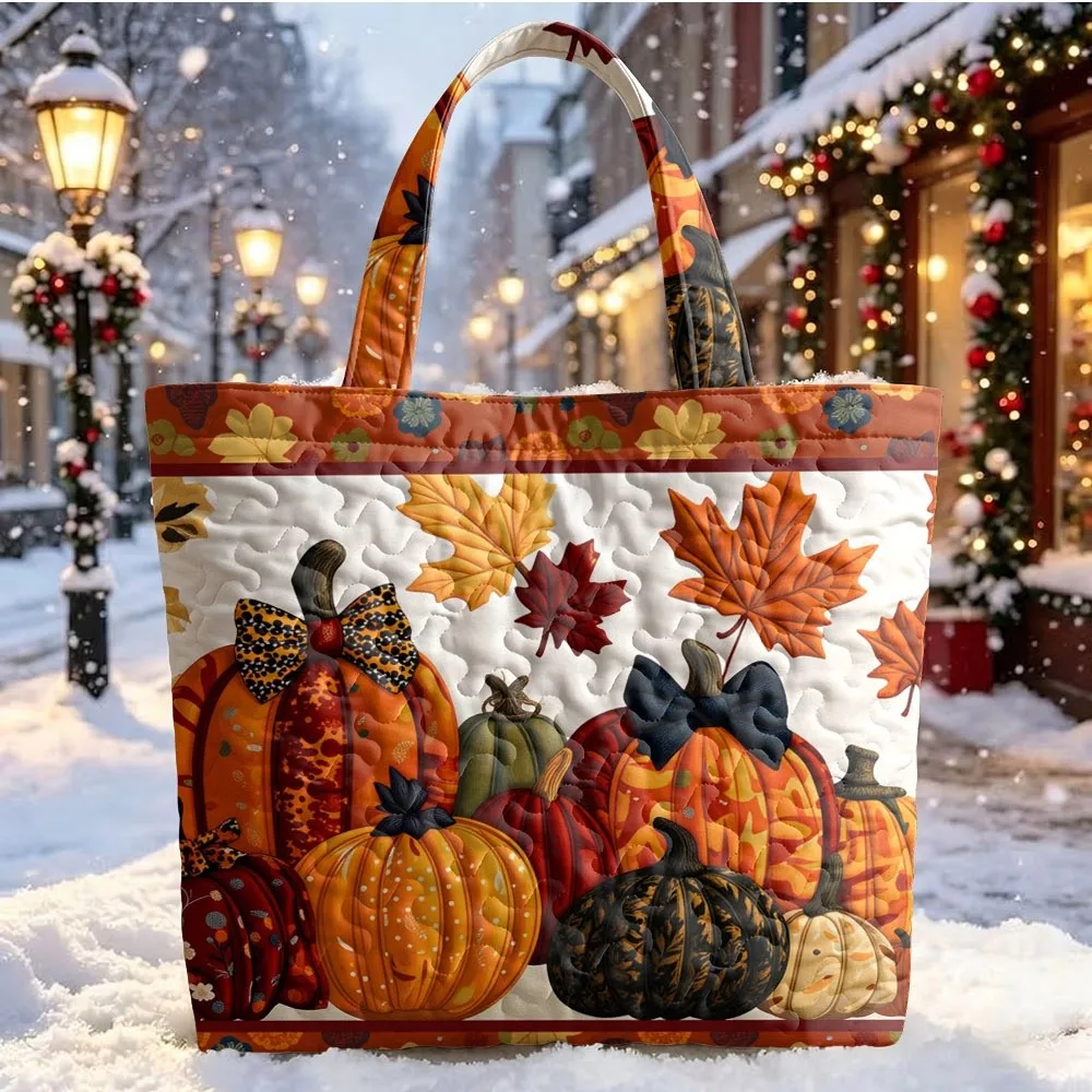 Quilted Tote Bag for Women, Vintage Autumn Pumpkin Maple Leaves Print Shoulder Handbag, Large Capacity Everyday Work Travel Bag