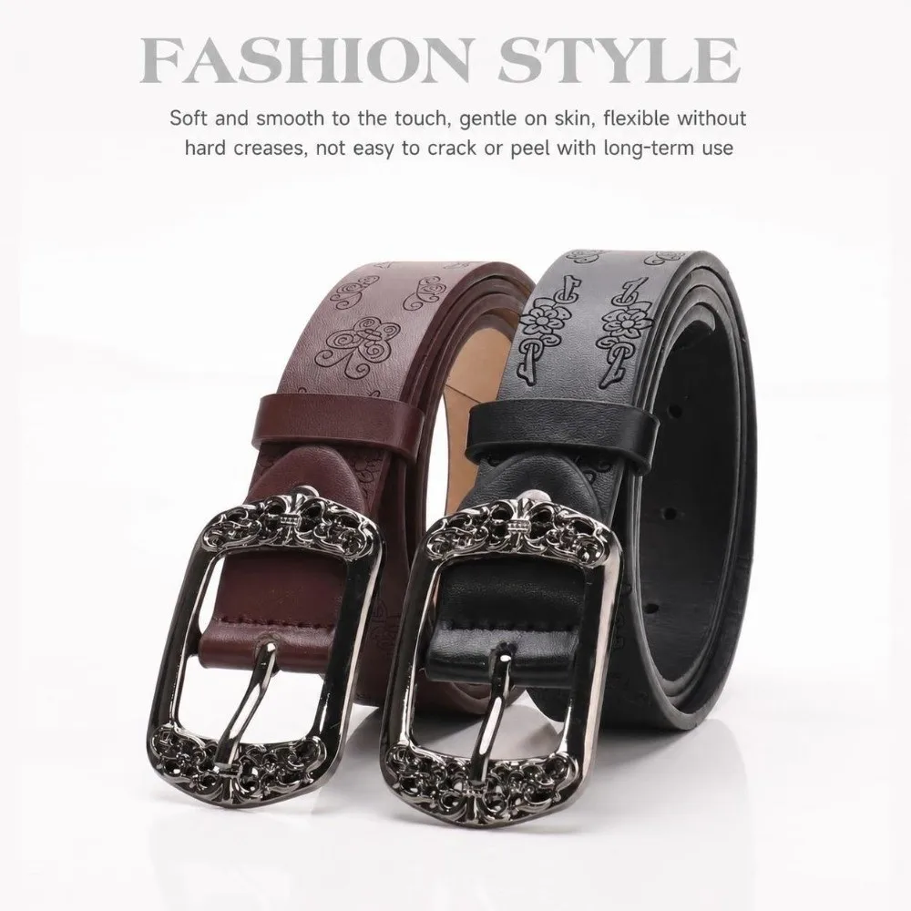 Alloy Pin Buckle Embossed PU Leather Belt Antique Metal Buckle Adjustable Carved Buckle Waist Belt Faux Leather Unisex Design