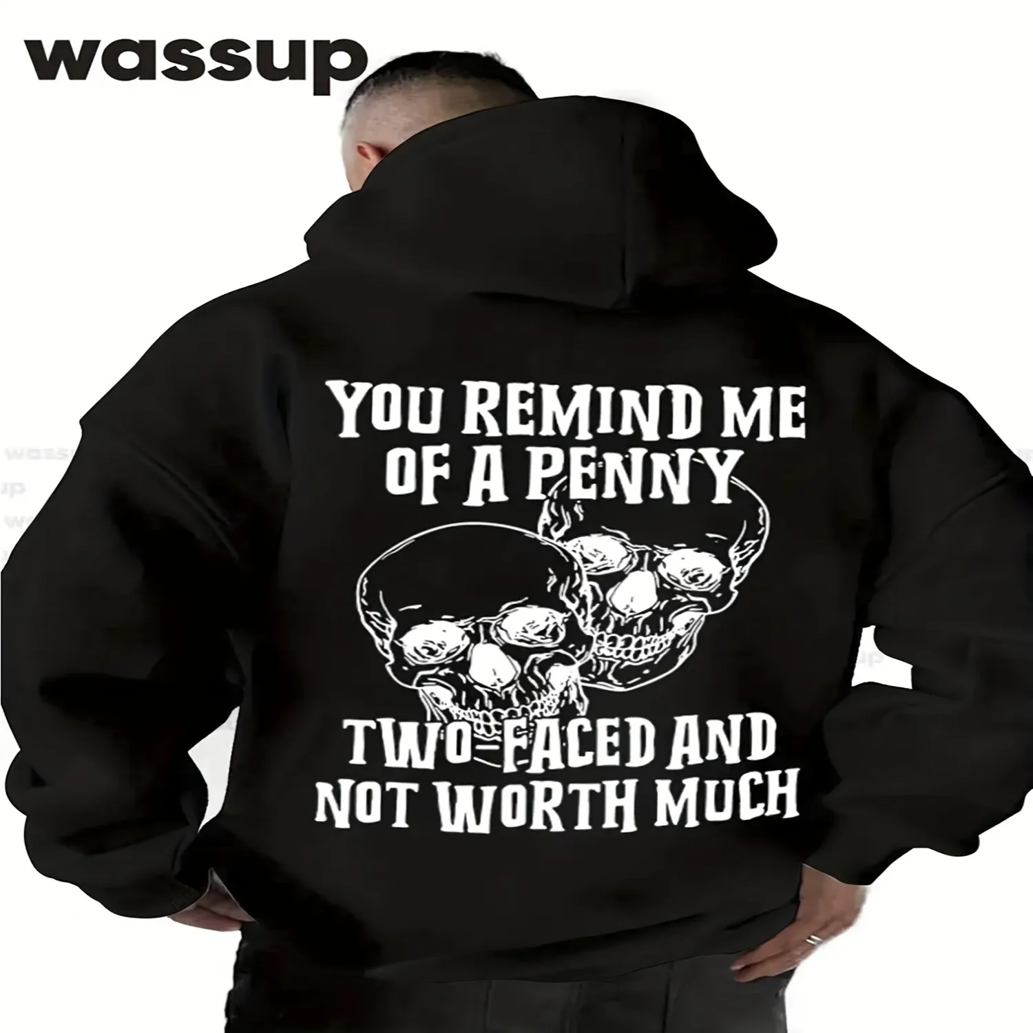 Men'S 360g Heavyweight Penny Skull Satirical Print Hooded Sweatshirt _ Loose Fit Streetwear Pullover with Kangaroo Pocket Drawstring Hood, All-Season Casual Wear, Machine Washable, Black and Whi hooded sweatshirt, everyday wear hoodie