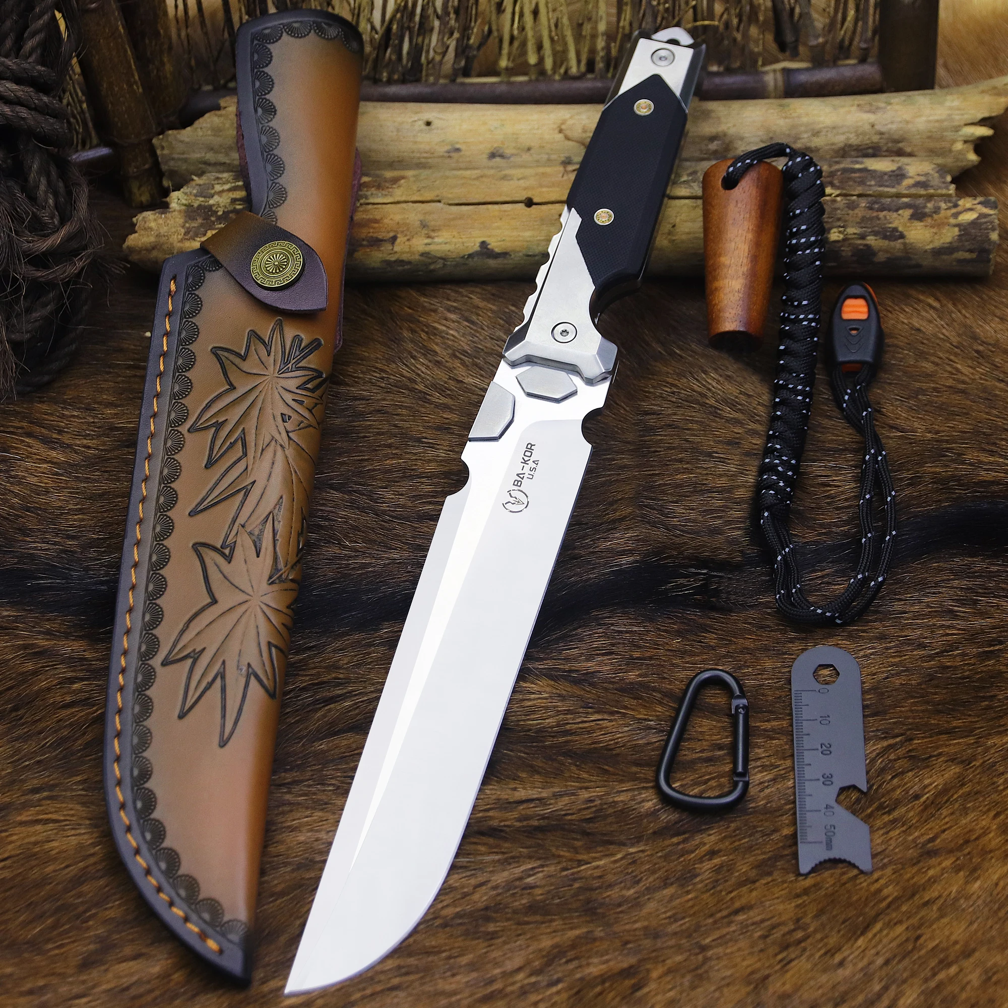 BA-KOR USA 9CR18MOV All-Tang Manual 5mm multi-purpose outdoor knife + sheath, jungle survival knife, tool knife