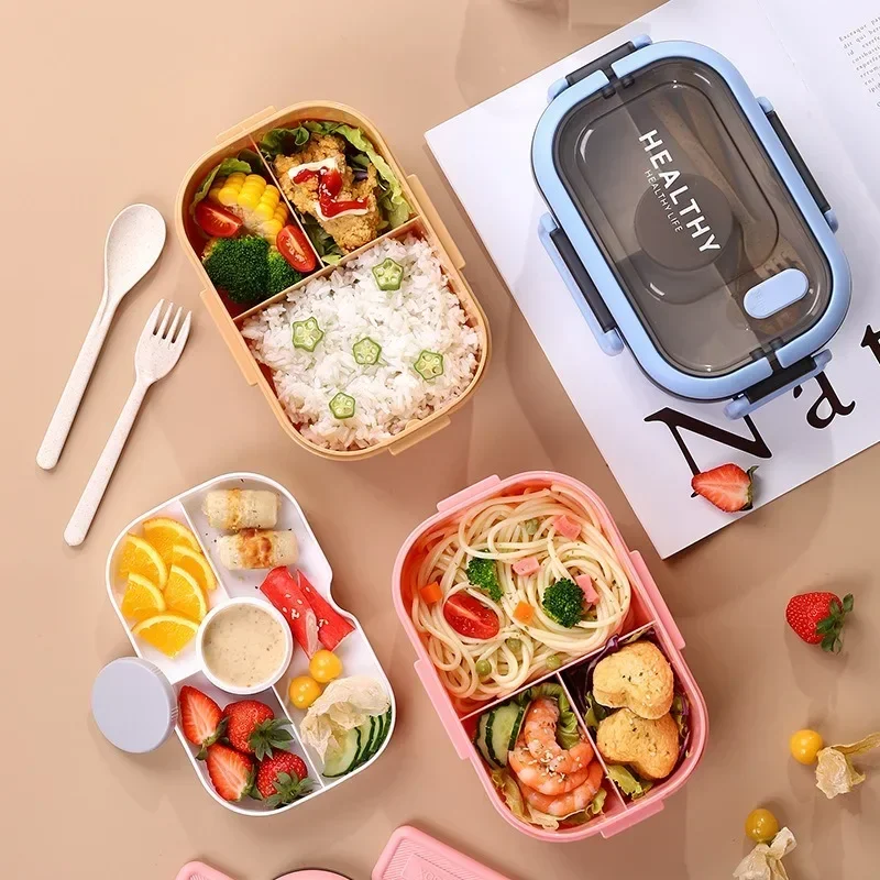 Lunch Box with Tableware for Office Workers Square Divided Microwave Oven Bento Box Leakproof Food Container for Picnic Camping