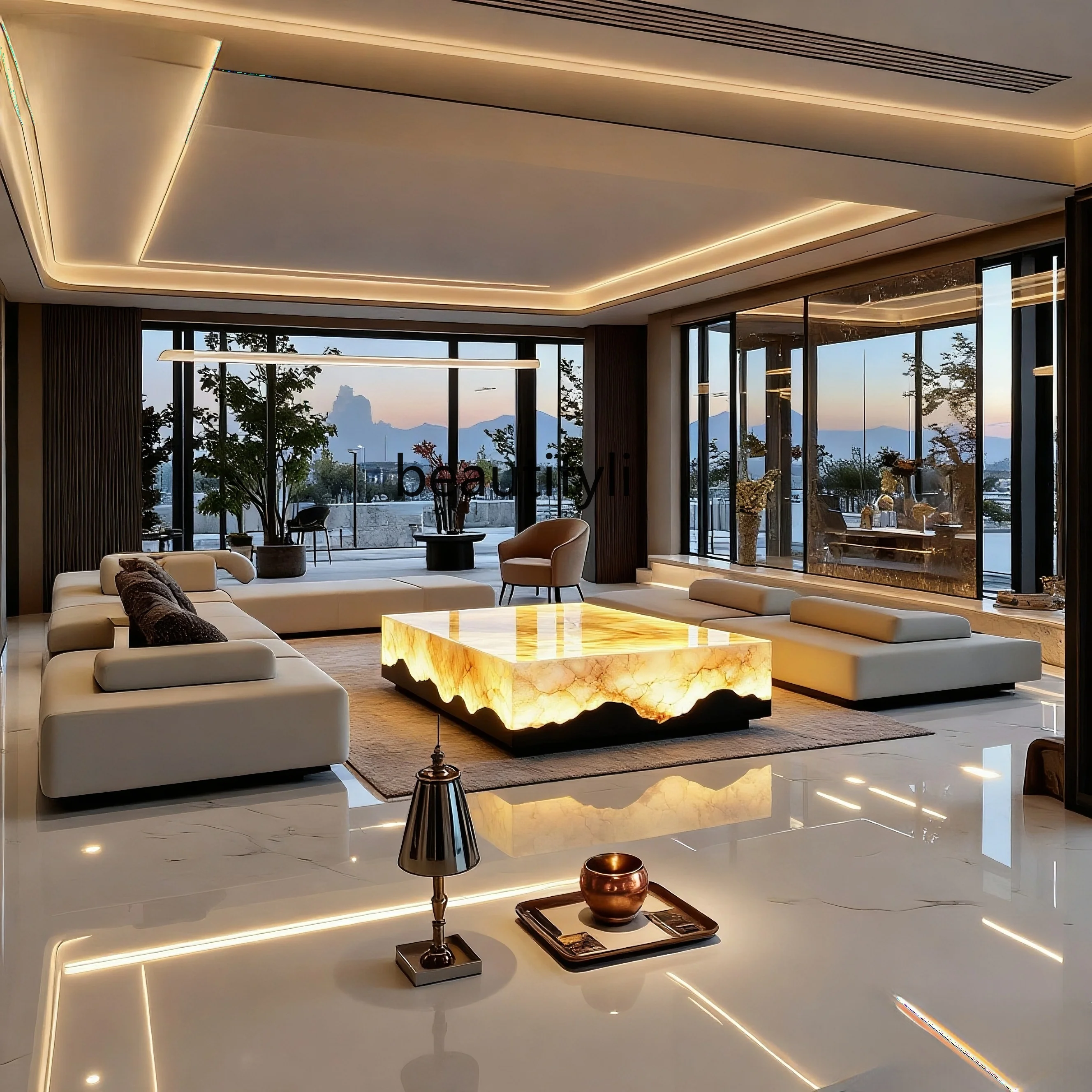 

Italian luminous jade luxury stone coffee table living room square modern large flat layer luxury stone light luxury