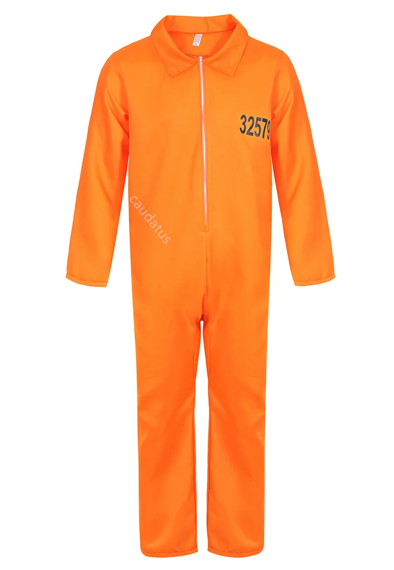 Prisoner Costume Orange Outfit Mens Women Halloween Prison Jumpsuit Adult Jail Criminal Cosplay Fancy