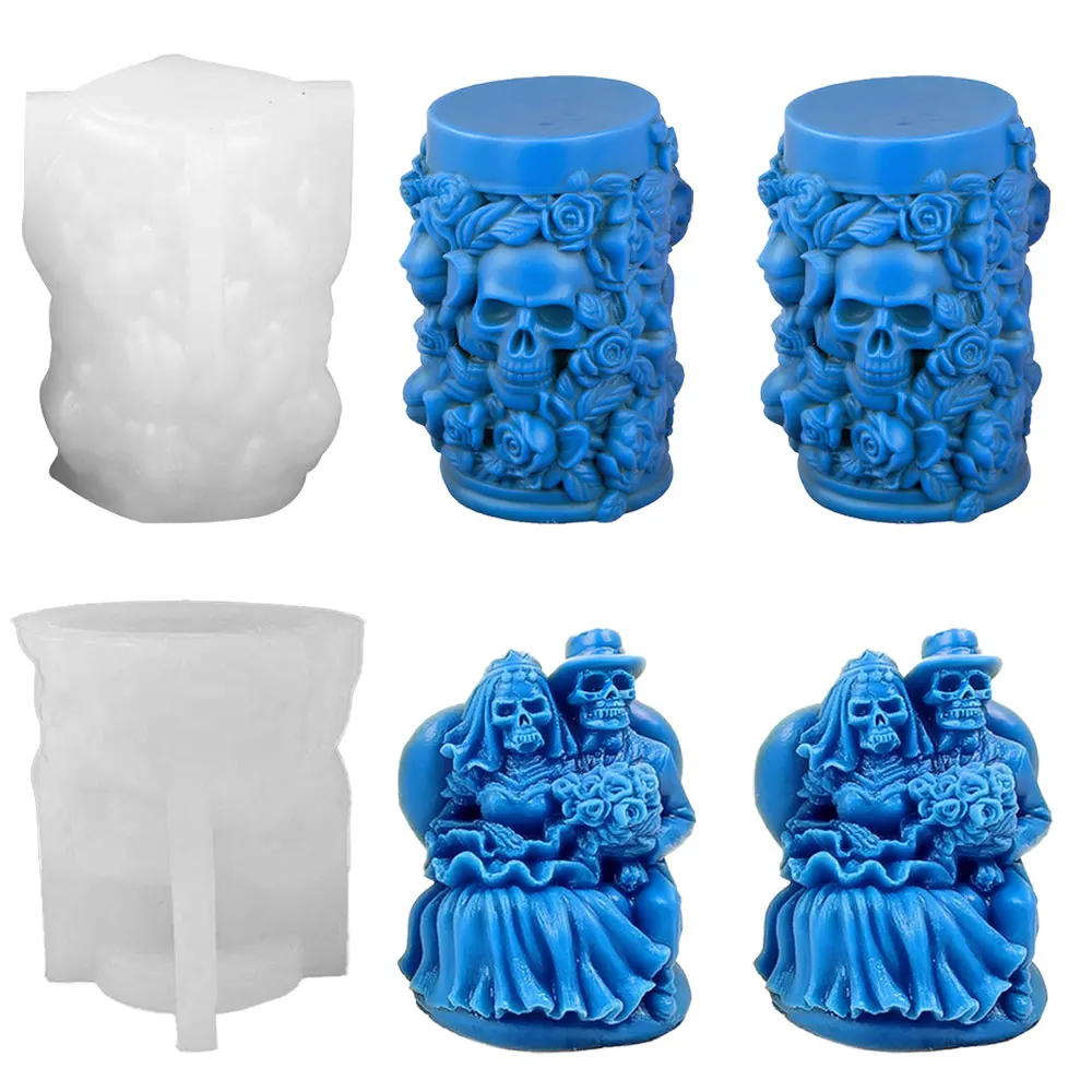 Skull Rose Pillar Silicone Scent Candle Molud Ghost Groom and Bride Plaster Resin Mold DIY Craft Handmade Halloween Gothic Decor