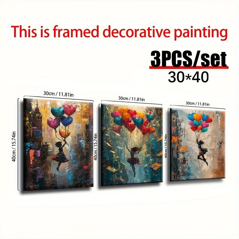 Framed Canvas Wall Art Painting 30x40cm (11.81x15.74inch)x3pcs girl is flying on colorful balloons for Home, Living Room, Coffee