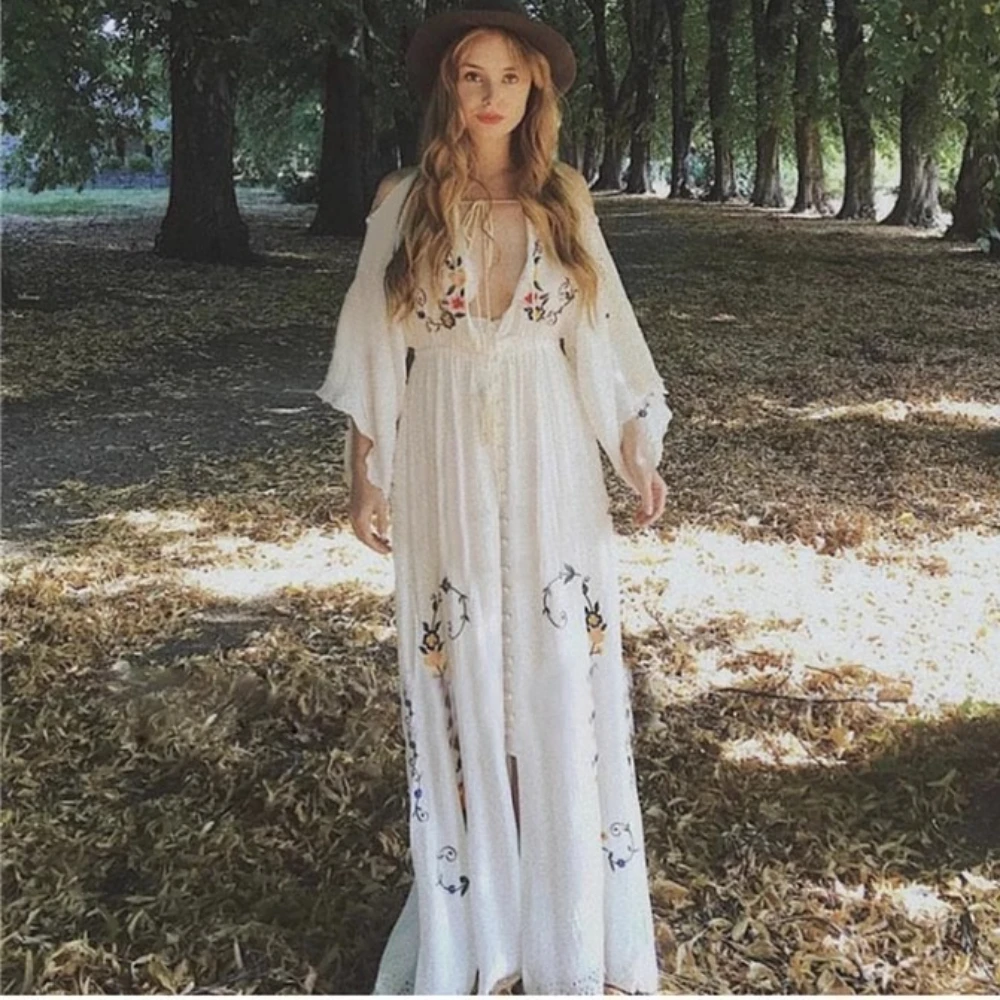 

Cotton Embroidery Floral Maxi Dress for Women Reversible Deep V Neck Flare Long Sleeve Dresses Autumn Vintage Vestidos Boho Robe