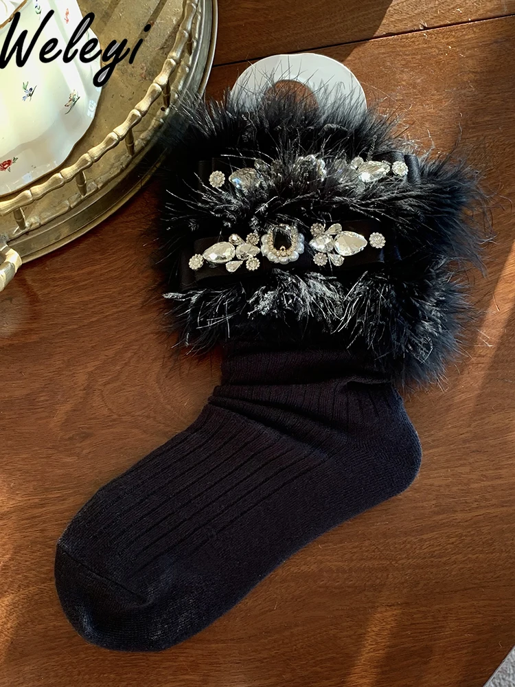 Cute Christmas and New Year White Socks for Women Universal Fashion in All Seasons New Full Diamond Fluffy Bow Mid Tube Socks