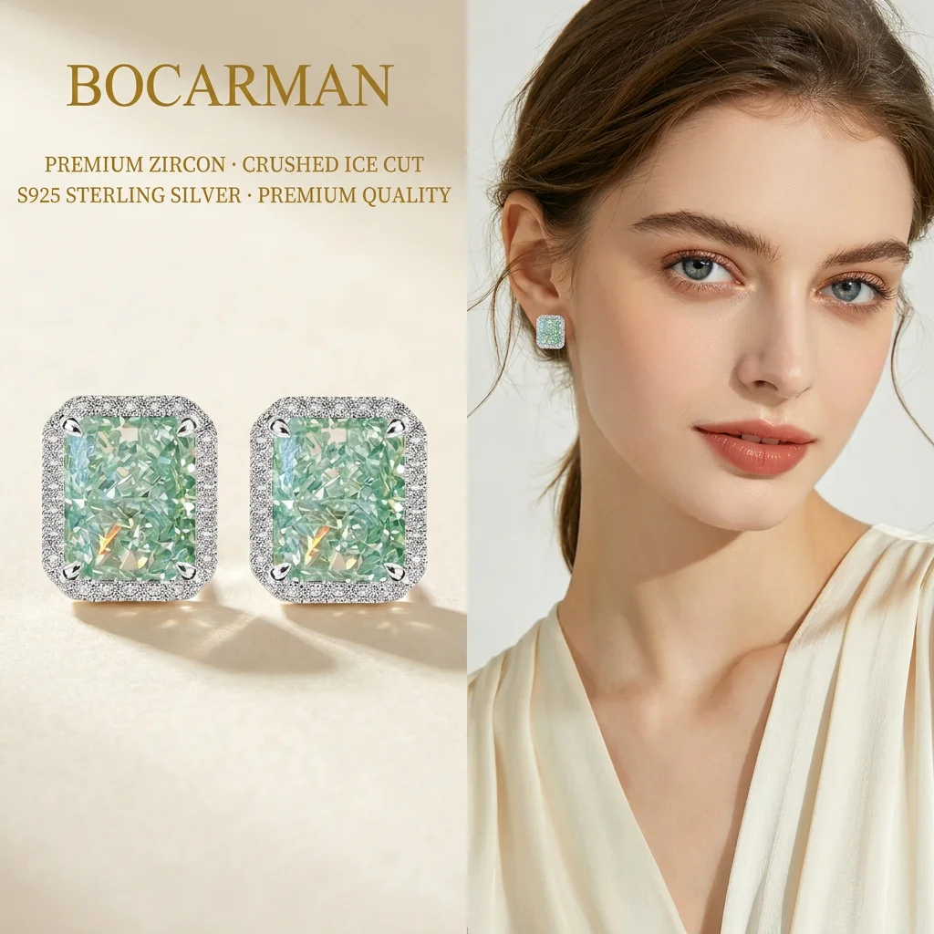 Bocarman S925 Sterling Silver Mint Green Ice Cut Cubic Zirconia Earrings Necklace Jewelry Set For Women Hypoallergenic Fine Gift