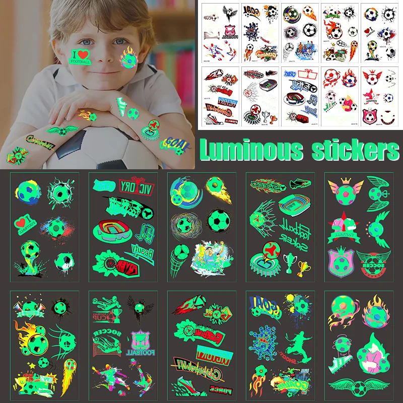 

10Sheets Soccer Luminous Tattoo Sticker Kids Temporary Tattoos Boys Football Birthday Party Favors Decor Supplies Gift for Guest