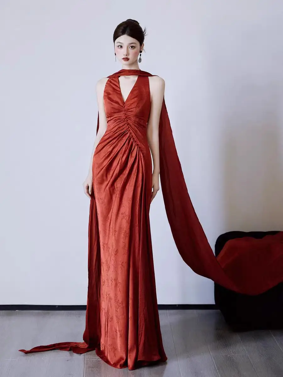 

Retro Chinese Sle Red Wine Print Hanging Ne Bridal Dr Evening Gown for Engagement Return Home Wedding Ceremony
