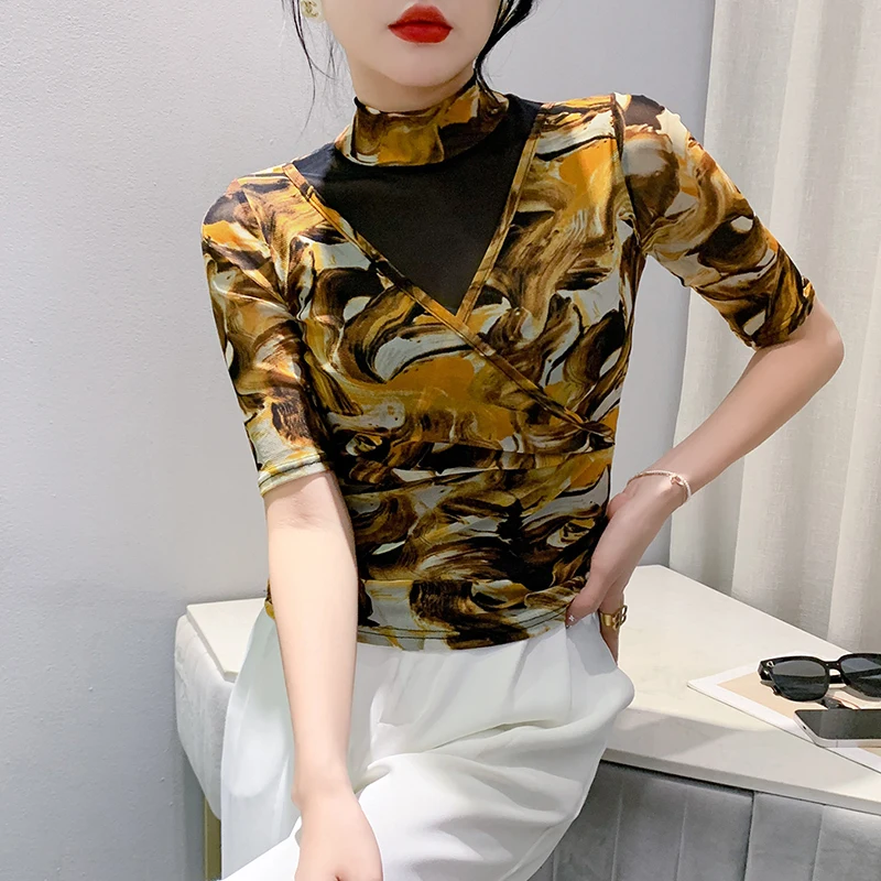 #8638 Spring Summer Turtleneck T Shirt Women Thin Mesh Printed T Shirt Female Sexy Split Joint Skinny T-shirt Femme Half Sleeve 