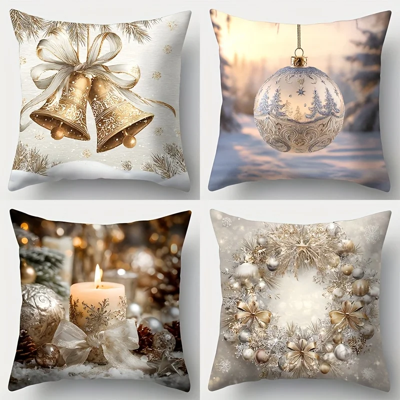 

4pcs Christmas Pillow Covers – Featuring Bells Ornaments and Candle Prints Perfect for Living Room Sofa and Office Decor