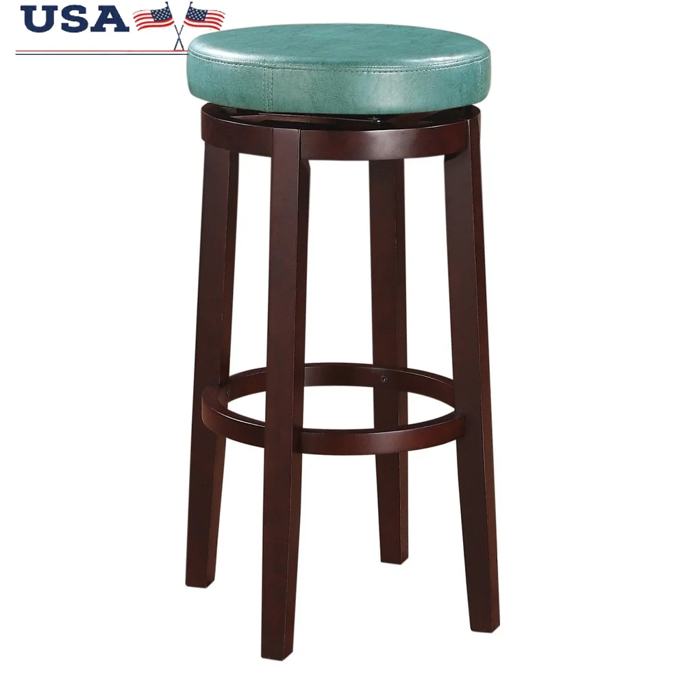 

Teal Blue Faux Leather Swivel Bar Stool with Brown Wood Frame Dining Kitchen Counter 350 lbs Weight Capacity