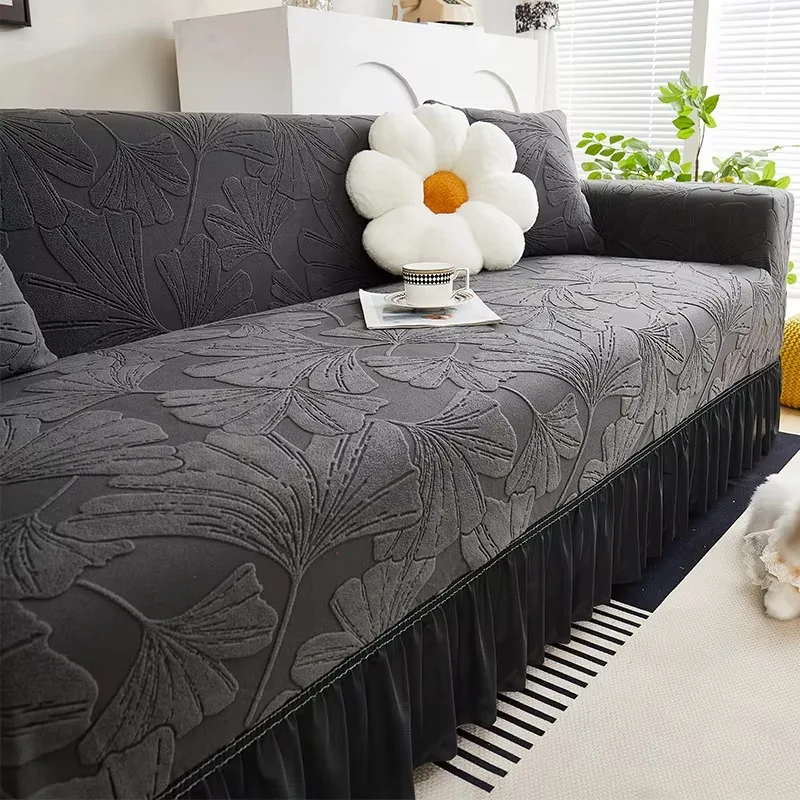 Leaf Shadow Wizard Ginkgo Leaf Thickened Jacquard Velvet Sofa Cushion Sofa Covers Fresh Countryside Living Room Decoration