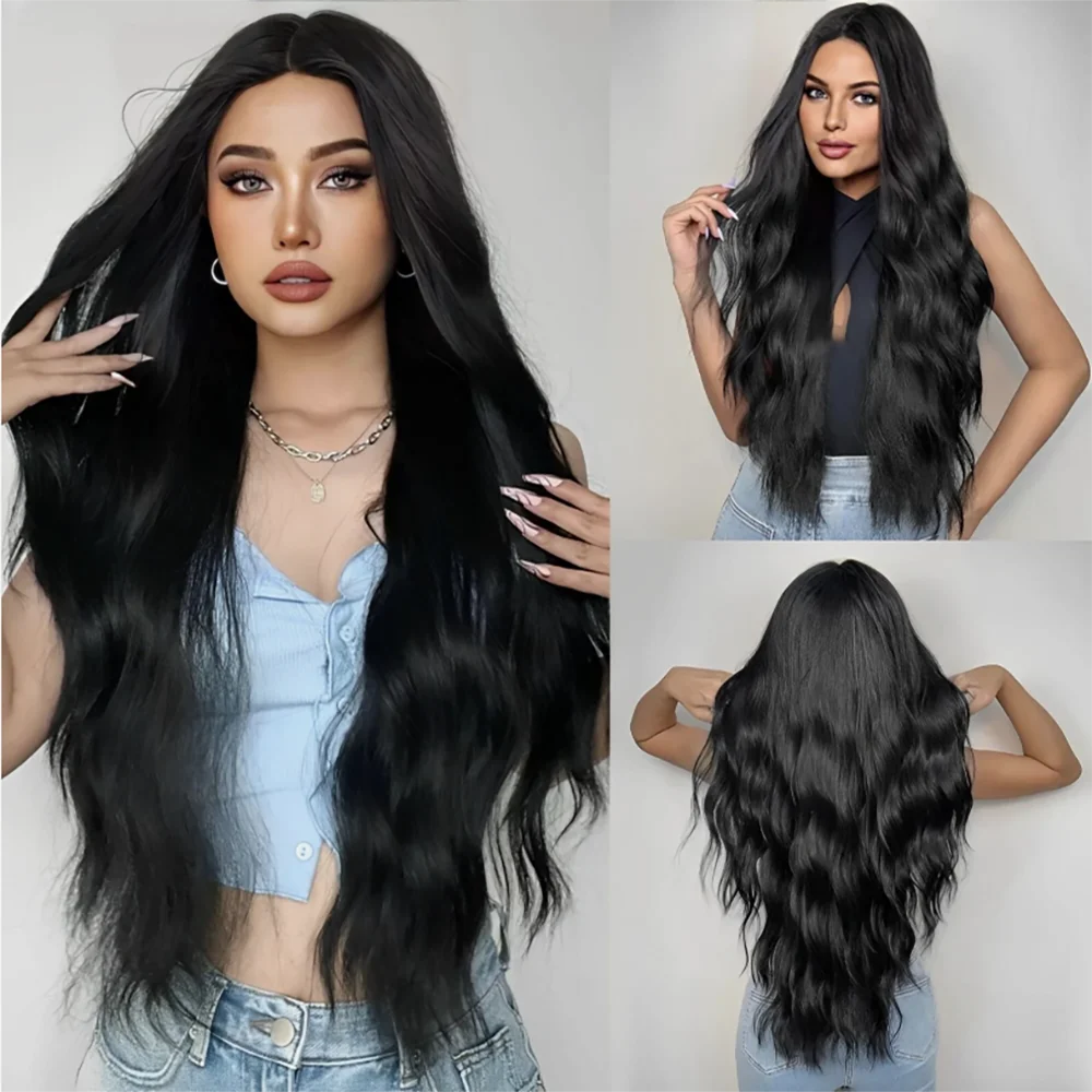 

Black split water ripple synthetic wig, made of 32 inch heat-resistant synthetic fiber, for role-playing, Halloween, parties
