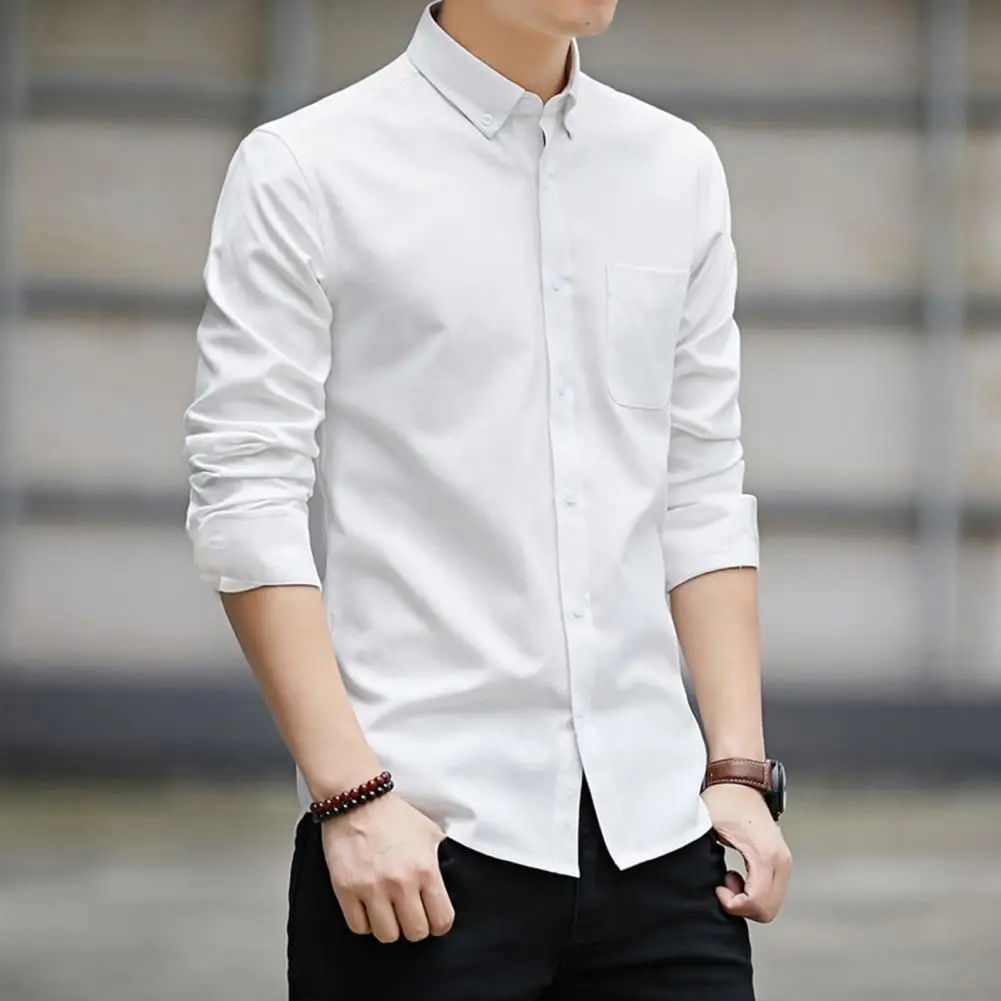 Men Shirt Long Sleeve Solid Color Button Single-breasted Cardigan Dress-up Lapel Casual Men Spring Shirt for Work