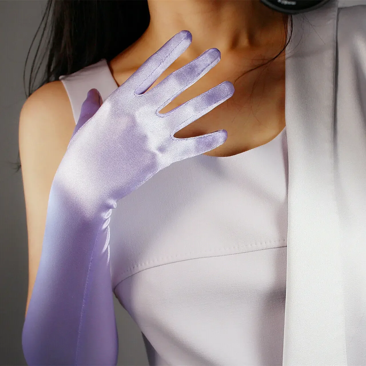 Lavender Satin GLOVES Stretch Silk Elbow 50cm 20
