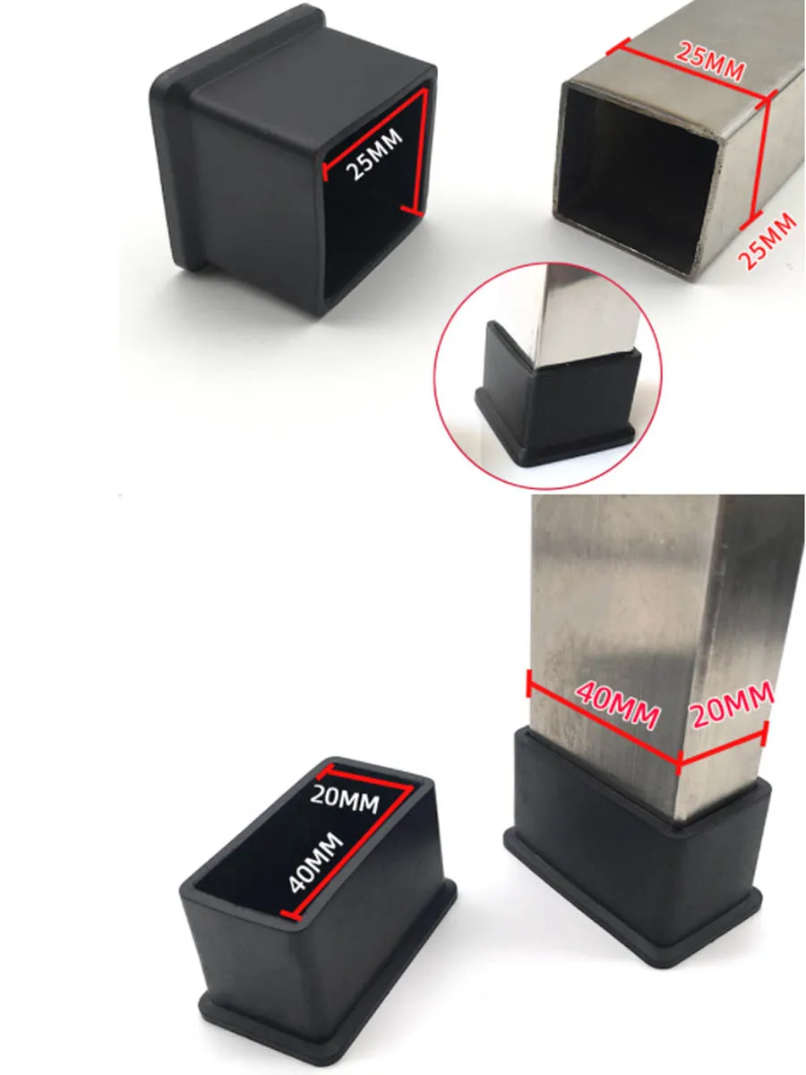 Black Square PVC Rubber Chair Table Leg Caps Furniture Pipe End Cap Anti-slip Floor Protection Pipe Plugs