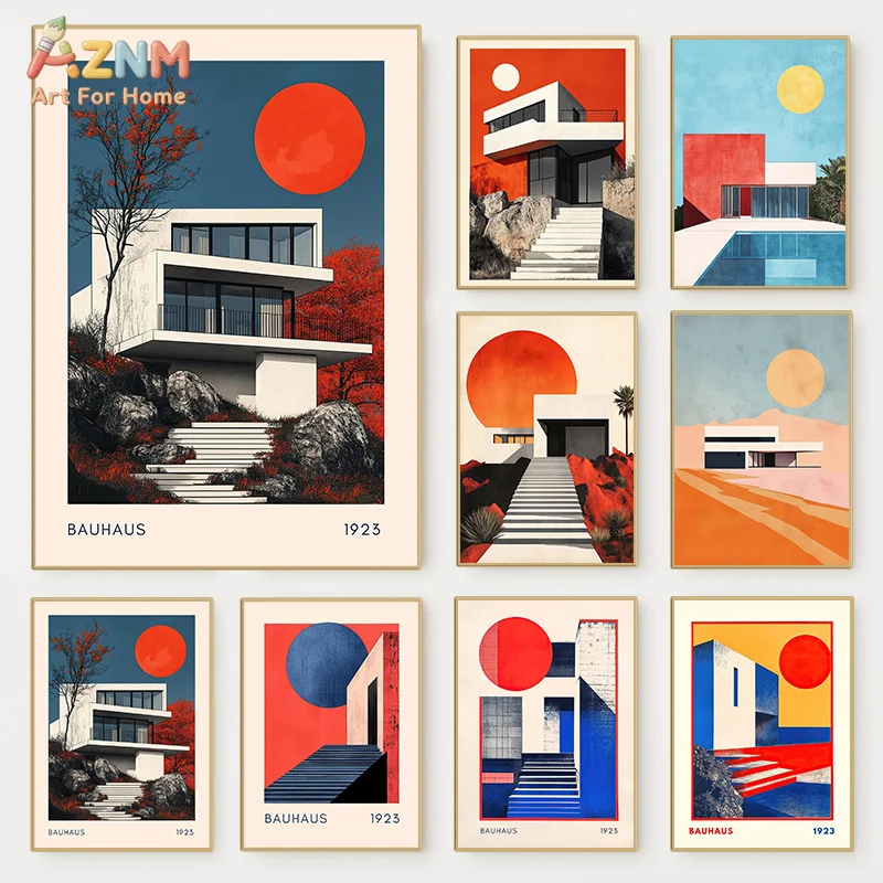 AZNM Bauhaus Architecture Canvas Wall Art Geometric Modern Building Abstract Vintage Poster Home Unframed Decor Print