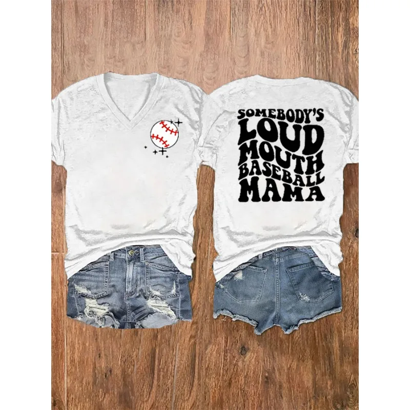 HOT Women's Baseball Print T-Shirts Summer V Neck Tops Short Sleeve Casual Tees