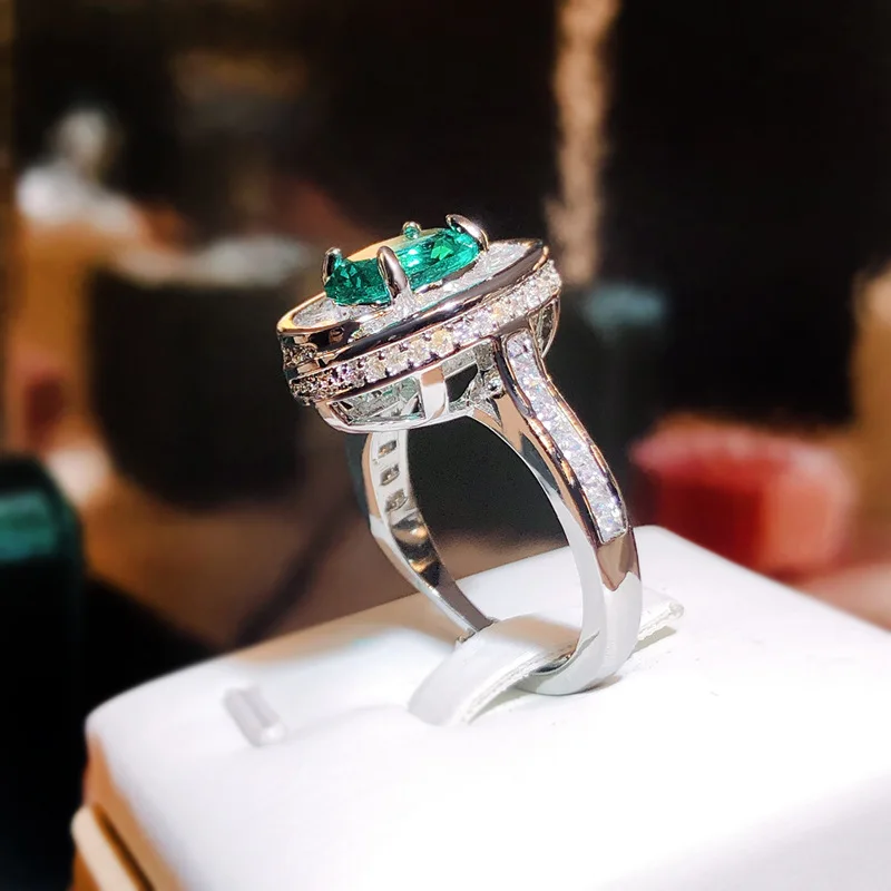 Round Emerald Stone Rings for Women Vintage Colorful 925 Sterling Silver Finger Ring Open Adjustable Jewelry Gift Bague Femme