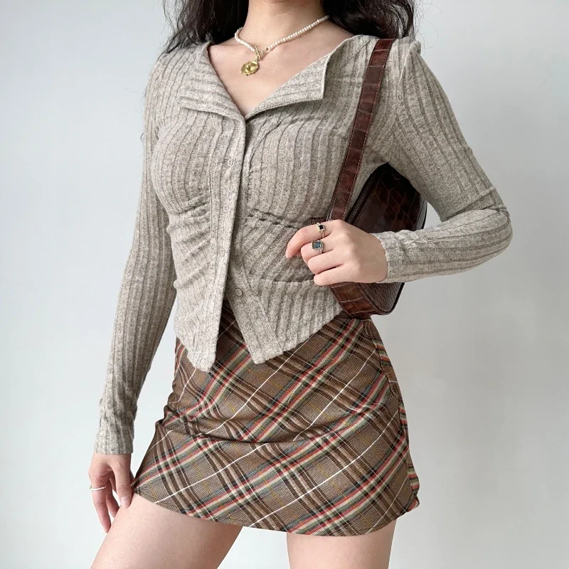 Women's Long-Sleeved Knitted Cardigan Slimming Top European and American Style Stripe  Thread Stretch Casual Short All-Matching