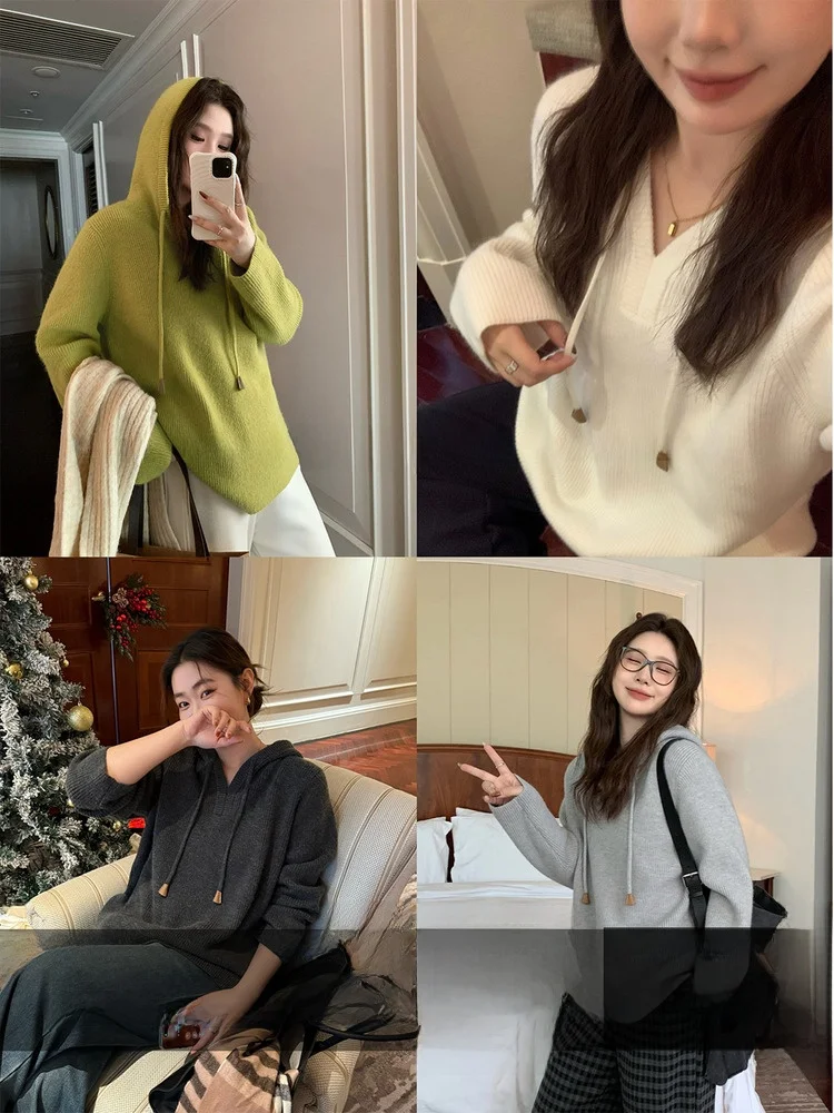 

Женская повседневная толстовка больших размеров с капюшоном, вязаная, свободного кроя, цветная, с длинными рукавами, теплая, для полных женщин, комфортная в носке