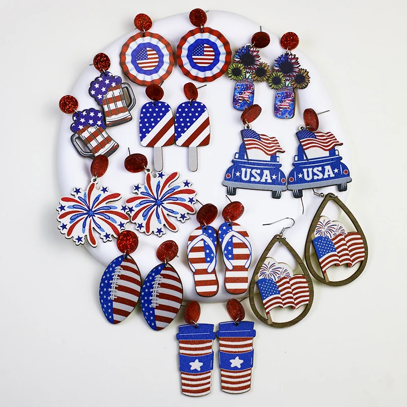 USA Independence Day Wooden Earrings For Women Election Theme American Flag Shield Vase Slipper Popsicle Beer Dangle Earrings