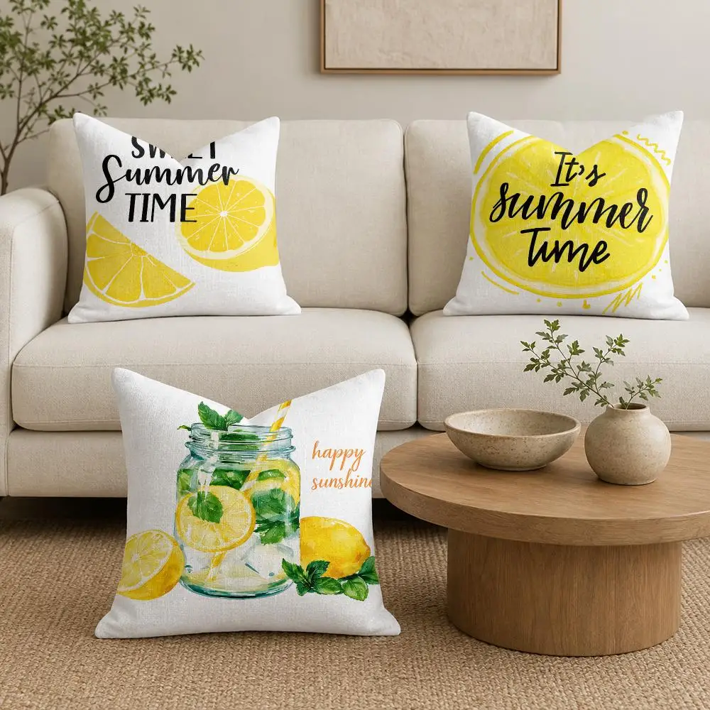 Watercolor Summer Lemon Cushion Cover Natural Linen Organic Fabric Double-Sided Printing Sofa Home Decor Gift Pillow Cover