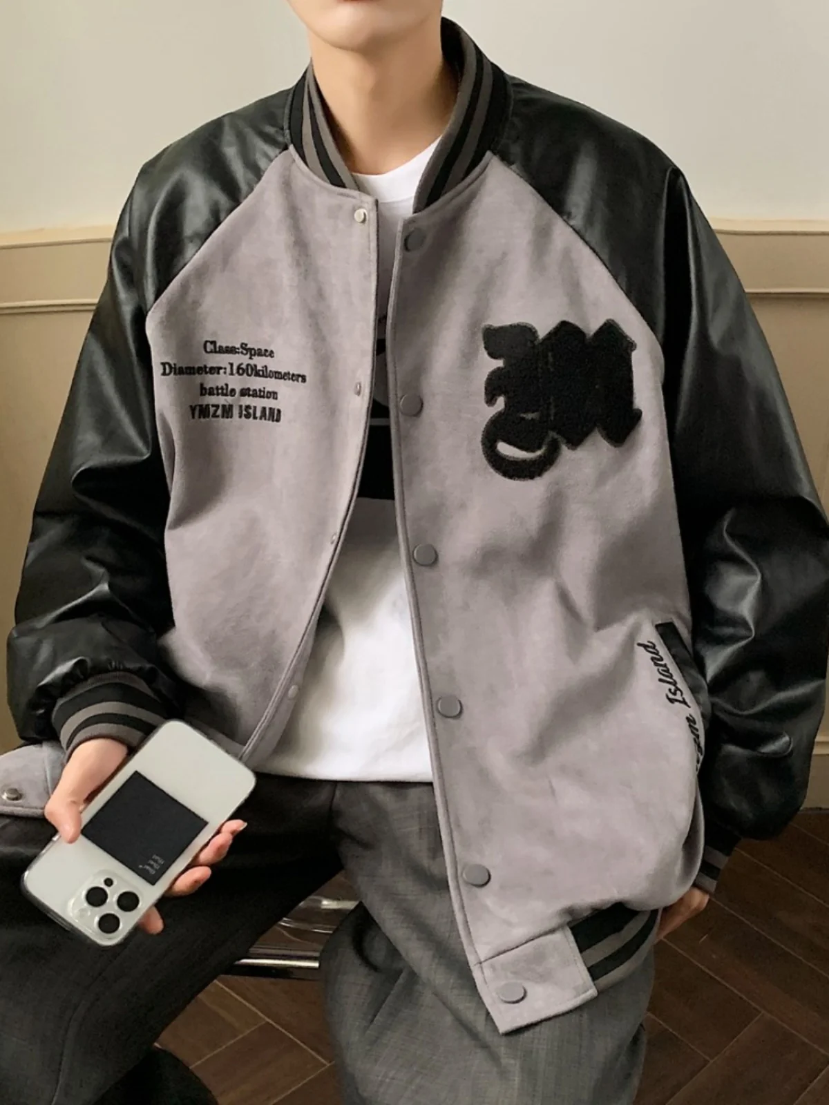 

American Sle Loose Fit PU Leather Baseball Jaet for Men Spring 2024 Hiphop Color Blo Casual Workwear Coat