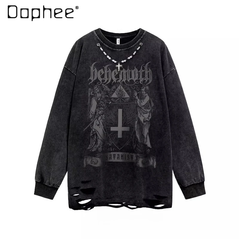 

Весенне-осенний мужской свитшот в американском ретро-стиле хип-хоп, темный готический стиль, с эффектом потертости, черно-белый, с круглым вырезом, с длинными рукавами