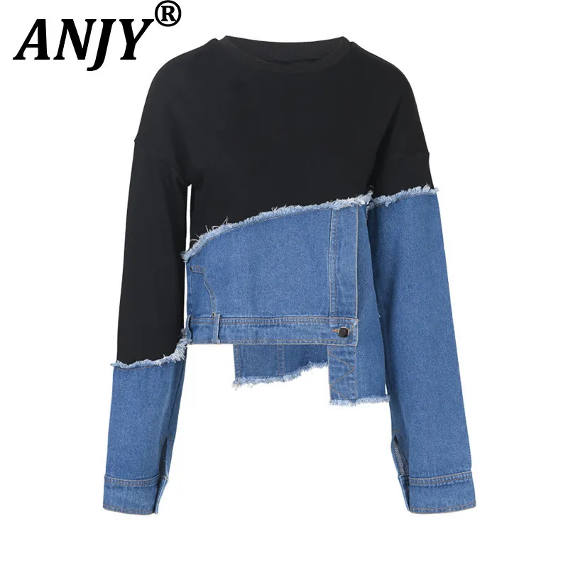 

ANJY Autumn New Women Personality Asymmetric Design Casual Fleece Sweatshirt Fashion Washed Denim Patchwork Trendy Street A13543