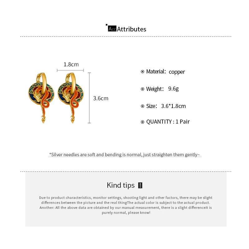 NISHIZAWA Chinese Style Colorful Oil Dripping Dragon Shaped Earrings Niche Earrings Personality Design Earrings for Women