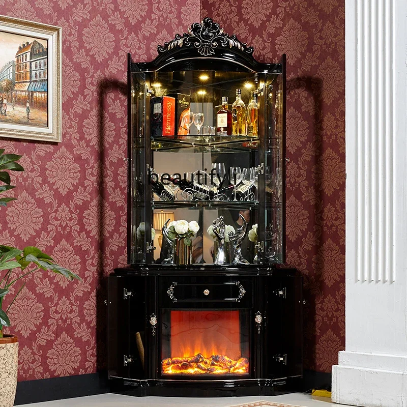 European Style Corner Cabinet Ebony Color Fireplace Curio Cabinet Living Room American Style Luxury Semicircle Five Corners