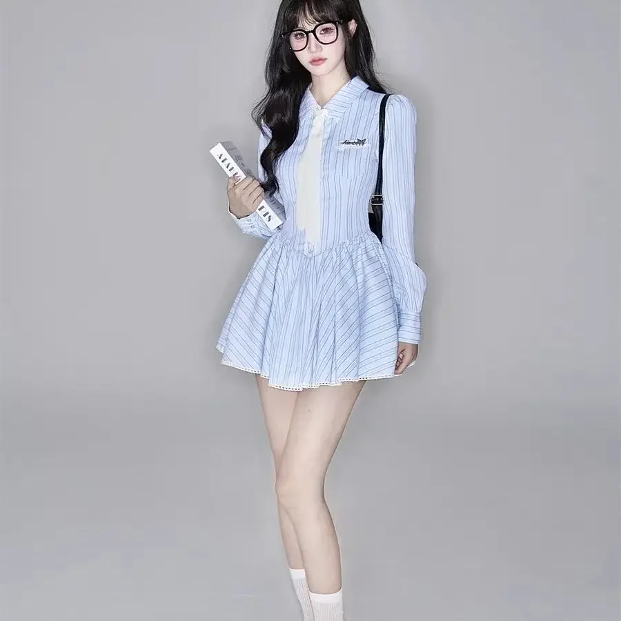 

Autumn Turn-down Collar Slim Fit Long-sleeved Dress Fashion Female Clothes Japan JK Sweet College Style Striped Dress Women's