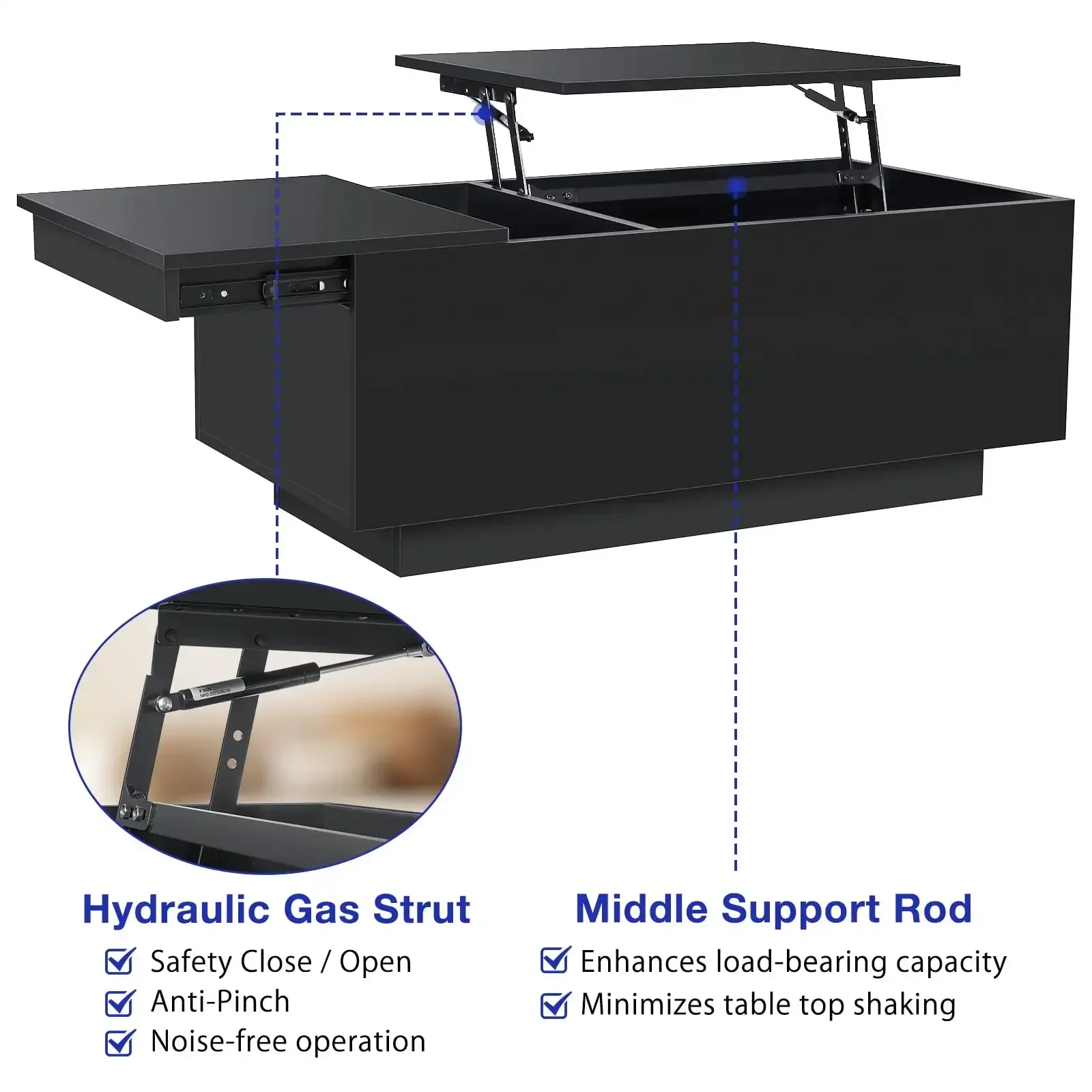 LED Coffee Table with USB Ports and Outlets Lift Top Coffee Tables with Storage High Modern Center Table for Living Dining Room