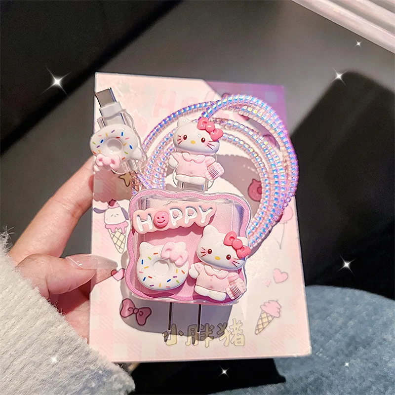 Cute Hello Kitty Charger Cable Protector Case For iPhone 15 14 11 12 18w 20w Charging Head Protective Cover Winder Accessories