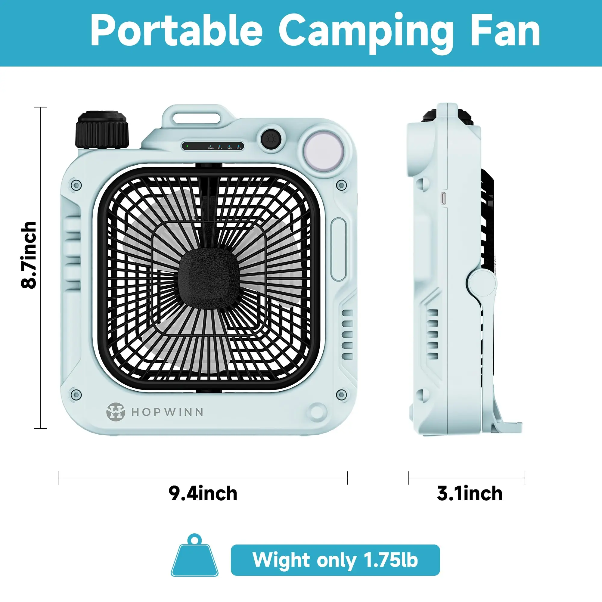 10000mAh Camping Rechargeable Fan Portable Battery Operated Fan with LED Lantern Travel Desktop Electric Fans with Hanging Hook