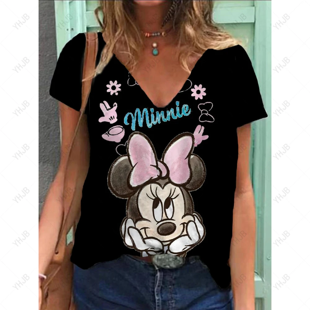 2025 صيف جديد ديزني ميني ماوس الكرتون طباعة تي شيرت السيدات الخامس الرقبة ثلاثية الأبعاد قمة فضفاضة تنفس ملابس عصرية غير رسمية