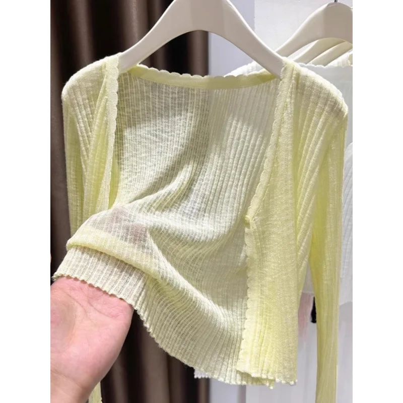 Women'S Summer Thin V-Neck Knitted Shawl Air Conditioning Room Exposed Shoulder Long Sleeved Top Cover Shirt Cardigan Jacket