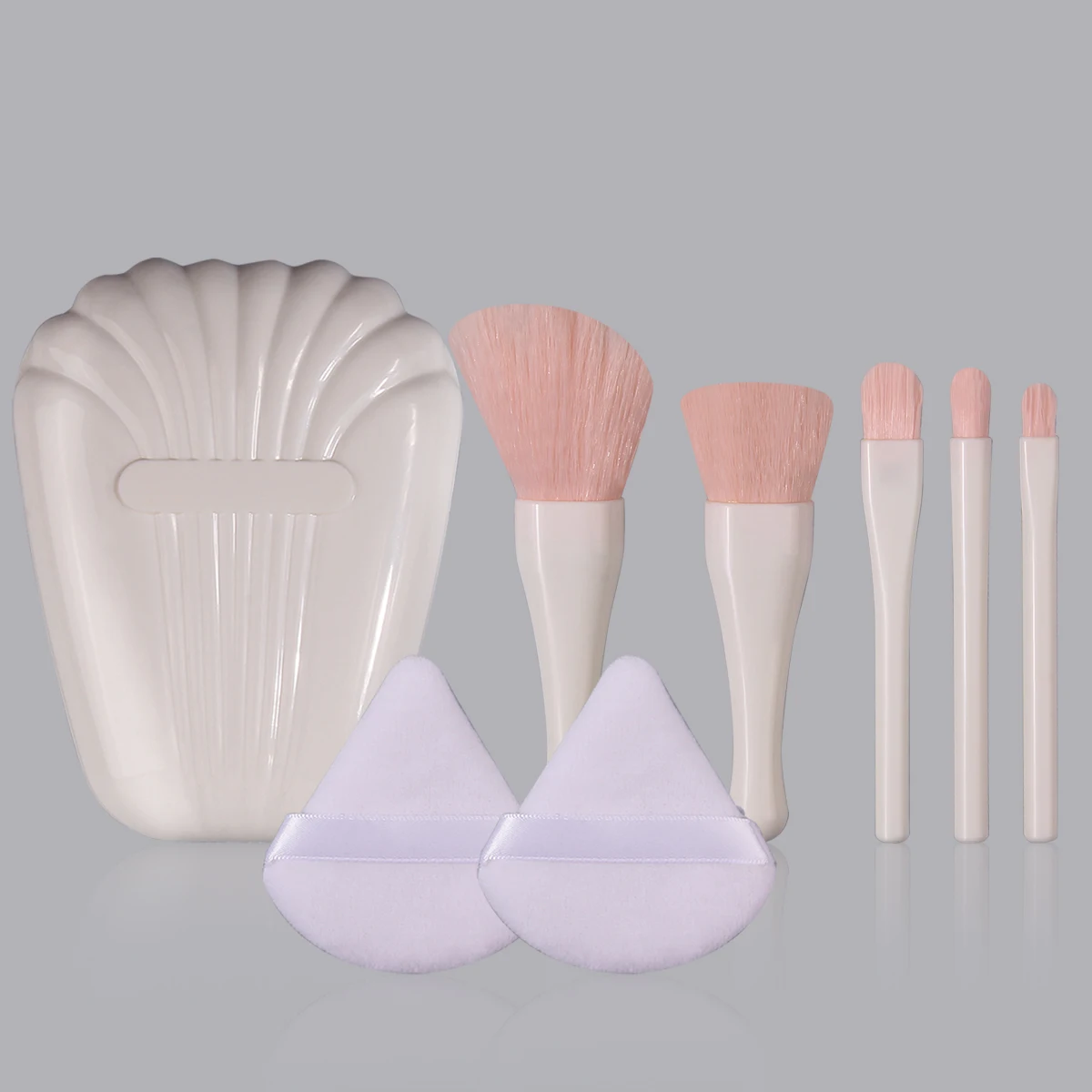 ชุดแปรงแต่งหน้าขนาดเล็กขนนุ่ม 8 ชิ้น & พัฟแป้งทรงสามเหลี่ยมนุ่ม & กล่องเก็บแปรงแต่งหน้ารูปเปลือกหอยพร้อมกระจก