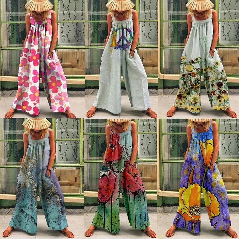 

2023 Summer Women Jumpsuit Loose Leisure Textile Printing Strap Wide Leg Pants Office Lady Rompers Patchwork Outwear