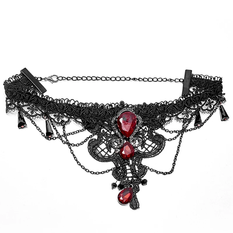 PUNK RAVE Women's Gothic Choker Necklace, Black Red Polyester Lace Gem Pendant Goth Jewelry WS469