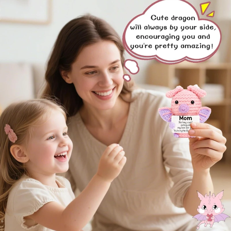 

Fantasy Little Dragon Theme Hand Crocheted Soft Yarn Figurine Pink Purple Color Matching Dinosaur Shape Portable Hanging Gift