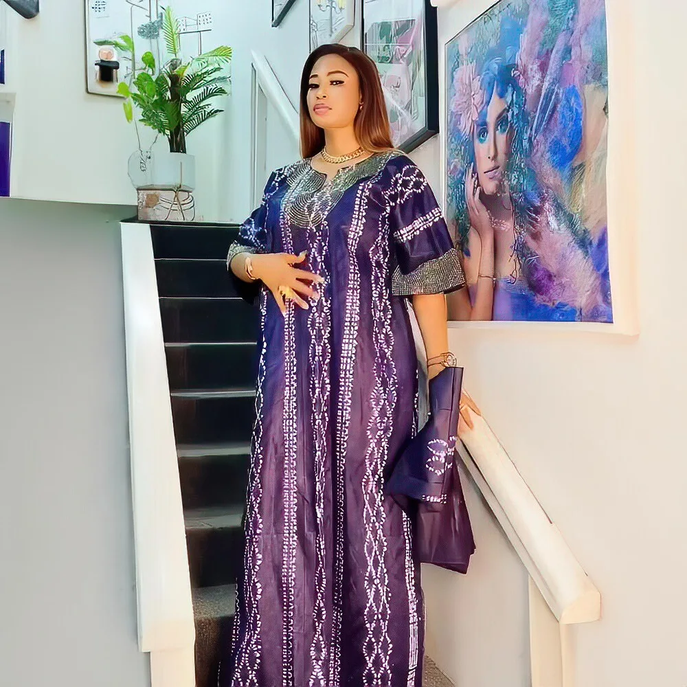 

2024 Plus Size African Bubu Dress with Headtie for Women Elegant Lady Wedding Evening Party Dresses Eid Muslim Abaya Kaftan Robe