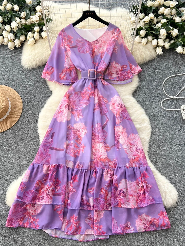 

Summer Women's V-neck Lotus Leaf Sleeve Chiffon Dress New Fashion Elegant Elastic Waist Vacation Long Dress J09