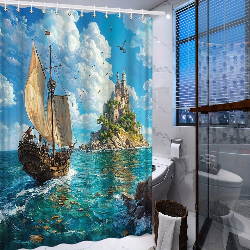 Sailing Ship Castle Shower Curtain Polyester Printed Home Decor Adventure Theme Interior Design Nautical Style
