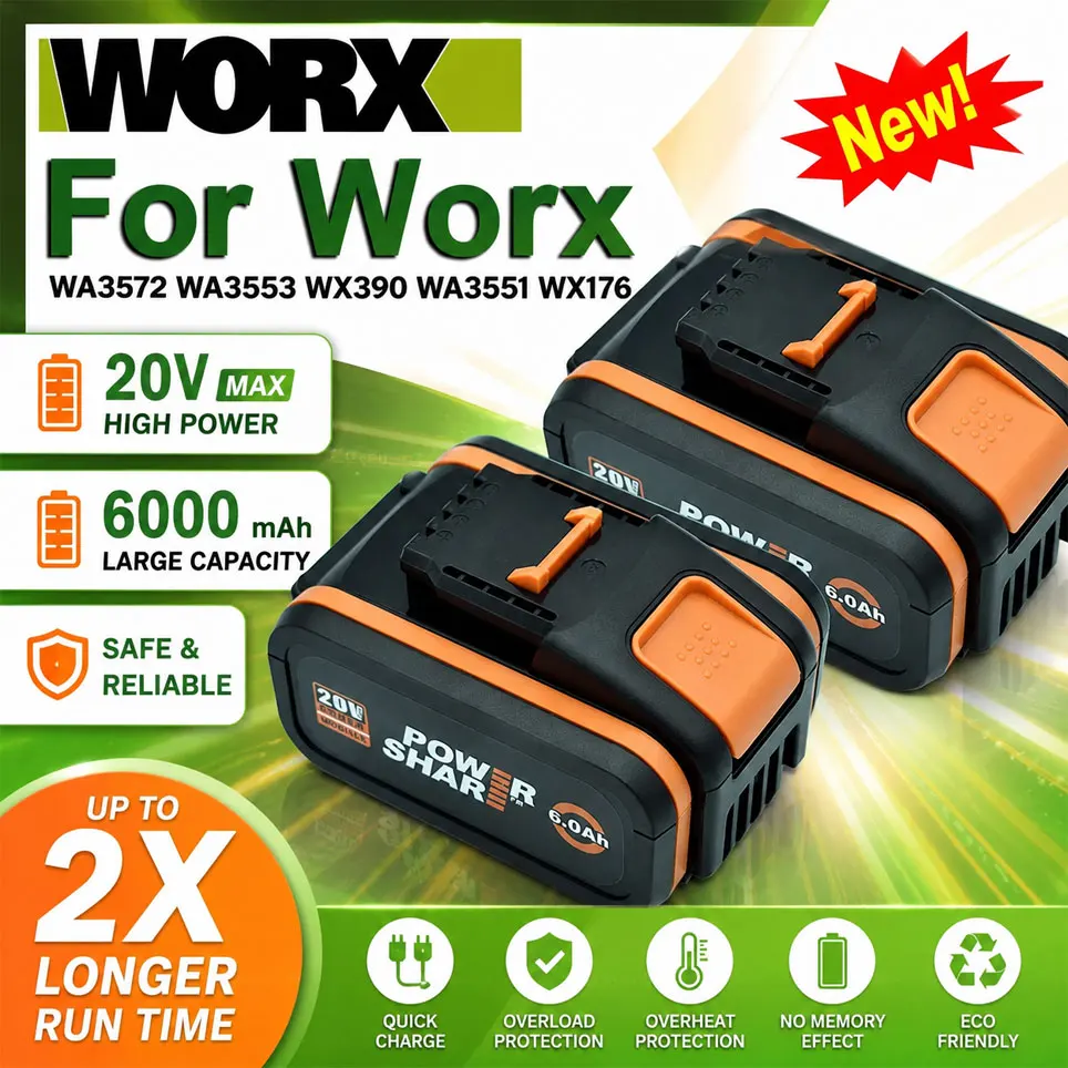 Batterie Li-ion haute capacité PRO de qualité originale FOR WORX 20V 8.0Ah, double autonomie, compatible avec les outils de la série WORX Nitro